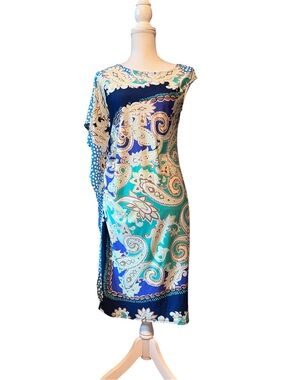 A Pea in the Pod Blue & Teal Paisley One-Shoulder Shift Dress Size Medium